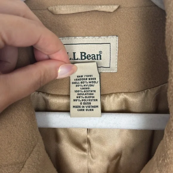 LL Bean Peacoat Tan Wool Nylon Double Breasted Size 12 Cream Beige Coat Jacket - Picture 6 of 8